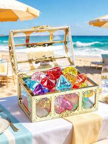 Summer Treasure Box Decoration Set, Gold Mini Treasure Box With Shiny Artificial Crystal Gemstones, Cute Decorative Props, Suitable For Beach And Pool Theme Parties, Multi-Functional Theme Party Favors, Unisex Creative Holiday Gift Accessories - One Size - View 3