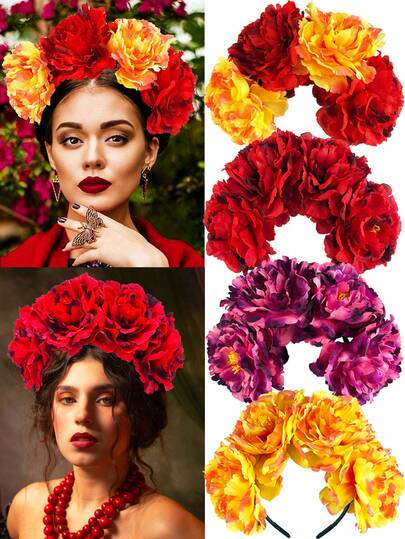 Diadema de Flores 3D Realistas de Caléndula y Peonía Extra Grande, Diadema Corona, Tocado Decorativo para Vacaciones en la Playa, Uso Diario, Festival y Fiesta, Tocado Decorativo de Peonía de Poliéster (Poliéster) para Todas las Estaciones