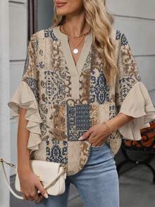 Plus Size Women's Vintage Random Print Ruffle Sleeve V-Neck Blouse Vacation - Khaki - View 2