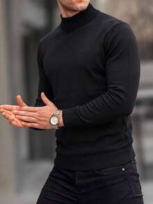 Men's Autumn/Winter Fashion Minimalist Solid Color Mock Neck Sweater, Suitable For Daily Commute And Dates, Excellent Choice For Layering - Black - View 5