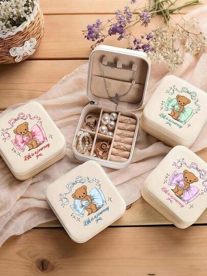 Mini Portable Jewelry Box, Beige Jewelry Storage Box, Printed With "Lile Is A Journey" Letters And Cute Bow Bear Pattern, Jewelry Storage Box, Accessory Storage, Necklace & Earring Box, Large Capacity Ring & Earring Storage Box, Portable Travel Storage; Suitable As A Delicate Gift For Girls, Lovers Or Sisters, Applicable For Vacation Travel, Proposal, Back To School, Business Trip, Daily Commute, Wedding Season, Wedding Anniversary And Birthday Occasions