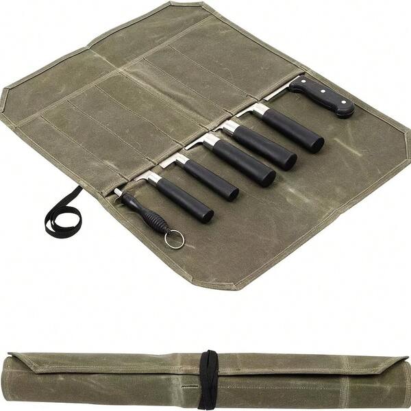 Waxed Canvas Chef Knife Roll | Multi-Compartment Protective Sleeve Professional Kitchen Tools & Knives Storage - Secure Blade Fixing Travel Storage Bag & Multi-Function Storage Box
