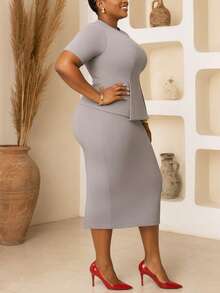NOU Women's Mid-Length Dress, Basic Versatile Round Neck, Crisp Slim-Fit Short Sleeve, Simple Waist-Cinched Bodycon, Asymmetric Ruffle Design With Layered Texture, Waist-Flattering, Skin-Friendly Elastic Fabric, Comfortable And Convenient For Daily, Holiday, Commuting, Office Wear, Solid Color Elegant Fabric Ruffle Women's Mid-Length Dress, Holiday Wedding Office Daily Workplace Spring Autumn Spring Summer - Light Grey - View 5