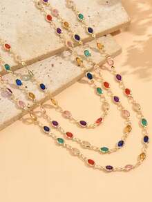 2pcs Elegant Fashion Versatile Oval Colorful Trim Chain Layered Multi-Layer Necklace Set Suitable For Women's Daily Commute, Banquet, Party Wear (Oval Bead Color Quantity Random) - Colorful - View 2