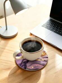 1/6/12pcs Purple Gold Rim Marble Floral Wooden Coasters, Alcohol Ink Abstract Floral Round Drink Coasters, Heat-Resistant Desktop Protection Coasters, Aesthetic Modern Home Kitchen Office Decor, Elegant Housewarming Gift - Purple - View 9