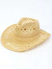 1pc Vintage Hollow Wide Brim Straw Hat, Suitable For Spring And Summer Outdoor Travel, Vacation And Beach Wear; Unisex, Handwoven, Breathable And Sun-Protective, Combining Western Cowboy Style And Panama Hat Features. - A - View 5