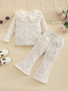 2pcs Baby Girl Cute Mori Style Peter Pan Collar Long Sleeve Printed Top & Pants Set, Thin Spring/Autumn - Apricot - View 1