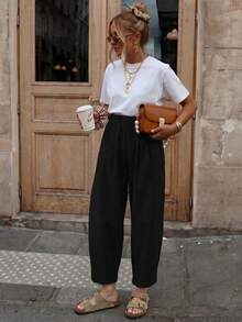 Black Elastic High Waist Pleated Harem Pants, Casual Loose Cropped Pants - Black - View 2