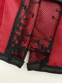 Halloween Atmosphere Black & Red Lace Corset, French Puff Sleeve Patchwork Bustier, Waist-Cinched Body-Shaping Tight Top - Burgundy - View 7