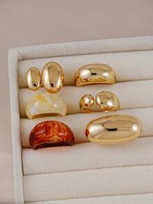 6pcs Exaggerated Chunky Smooth Heavy Metal Resin Ring Set, Stackable, Suitable For Women's Party, Daily Wear, Jewelry - Multicolor - View 7