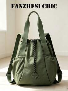 Military Green Nylon Drawstring Backpack, Convertible Handbag Backpack With Multiple Pockets And Adjustable Shoulder Straps For Outdoor Travel And Daily Use - Green - View 3