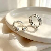 1pc Korean Niche Silver Asymmetrical Geometric Ring, Ins Popular Minimalist Style Hand Accessory, Unique 3D Cut Design With High-End Texture, Simple And Sleek Without Bulk, Stunning For Single Or Layered Wear, Open Adjustable To Fit Various Finger Sizes - Set - View 7