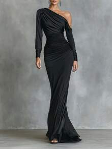 Vestido femenino más vendido unicolor negro hombros descubiertos falda larga sofisticado - Negro - Ver 2