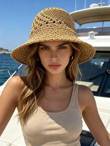 1 pieza Sombrero de cubo de mujer minimalista ligero de unicolor versátil con diseño calado para protección solar al aire libre, sombrero de moda elegante de verano de alta demanda que estiliza el rostro, cómodo y casual, adecuado para salidas, reuniones, compras, viajes, vacaciones y otras ocasiones - Multicolor - Ver 3