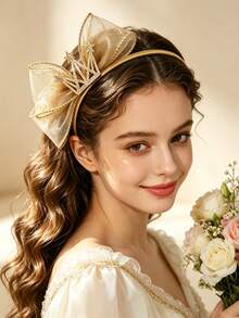 1pc Crown Birthday Bow Headband Champagne Mesh Hair Band Suitable For Birthday Parties And Special Occasions As A Gift For Girls - Champagne - View 2