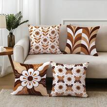 4 piezas de fundas de cojín con estampado floral geométrico vintage marrón, material de terciopelo de piel de melocotón amigable con la piel impreso en un solo lado, fundas de almohada de 45*45CM adecuadas para decoración del hogar interior dormitorio sala de estar habitación fiesta, decoración de sofá fundas de cojín regalo festivo, inserto de almohada no incluido - Multicolor - Ver 1