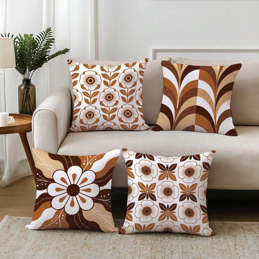 4 piezas de fundas de cojín con estampado floral geométrico vintage marrón, material de terciopelo de piel de melocotón amigable con la piel impreso en un solo lado, fundas de almohada de 45*45CM adecuadas para decoración del hogar interior dormitorio sala de estar habitación fiesta, decoración de sofá fundas de cojín regalo festivo, inserto de almohada no incluido - Multicolor - Ver 1