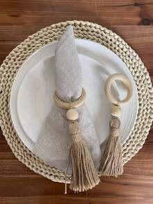 1/2/6/12pcs Wood Ring Beige Tassel Napkin Rings, Wooden Bead Buckle, Boho Rustic Wedding Table Decor, Bridal Shower Banquet Farmhouse Dinner Party Table Setting Decorative Napkin Holders - Multicolor - View 5