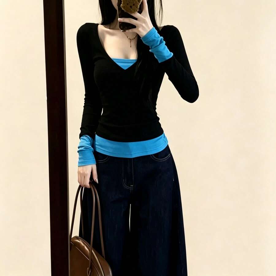 韓式配色拼接 2 合 1 長袖 V 領修身內搭層時尚簡約百搭層搭外出女款優雅上衣 - 黑藍色 - 查看 1
