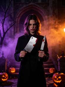 1 Set Horror Halloween Polyester Apron With Blood Stains And Chef Knife, Fun Role Play Apron, Bar Party Halloween Supplies, Chef Server Barber BBQ Adult Apron - A - View 4