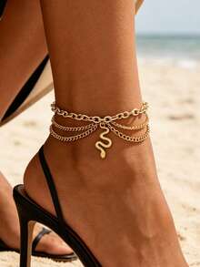 1pc Snake-Shaped Multi-Layer Anklet, Fashionable & Unique Ankle Jewelry For Women, Suitable For Daily Wear And Beach Vacation - Gold - View 1