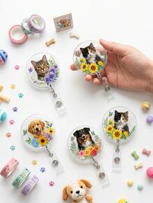 Custom Pet Photo Badge Reel Clip, Floral Acrylic ID Clip, Personalized Animal Portrait Name Tag For Nurse Teacher Office Daily Work Gift - Multicolor - View 6