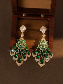 1 Pair Gorgeous Gradient Green Zirconia Peacock Tail Shaped Long Pendant Earrings, Eye-Catching Jewelry, Suitable For Banquet, Wedding, Party, Ball And Birthday Gift - Green - View 8