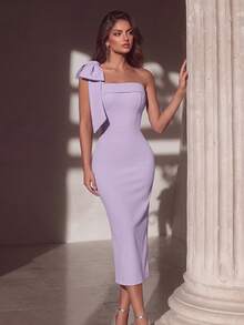 ADYCE Vestido de cóctel de fiesta de longitud media con un solo hombro, unicolor, decoración de lazo, top tubo, abertura y espalda descubierta - Púrpura malva - Ver 3
