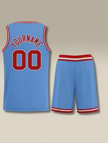 2pcs Personalized Men's Basketball Jersey Set- Customized Name,Number Print Tank Top+Shorts Sports Set For Team Training - Dusty Blue - View 4