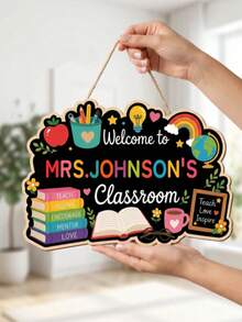 Customized Name Teacher Classroom Wooden Sign, Colorful Apple Rainbow Welcome Door Hanging Decor, Kindergarten/Elementary School Classroom Decoration, Teacher Appreciation Gift, Back To School Season, School Supplies, Personalized Gift, Teacher's Day Gift, Middle School Students - Multicolor - View 8