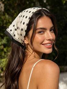 1Pc French Polka Dot Satin Scarf - Women Multi-Way Headscarf Ribbon For Spring Outfits - White - View 3
