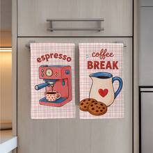 2PCS Kitchen Towels Pink Plaid Coffee Healing Theme Pattern Print 40*60cm Rectangular Microfiber Kitchen Towels, Dish Cloths, Tablecloths, Hand Towels, Kitchen Decor, Home Decor, Housewarming Gift For Neighbors, Perfect For Kitchen And Bathroom Use, Suitable For Housewives And Family Gatherings, High Cost-Performance, Home Essential - Watermelon Pink - View 7