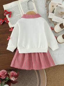 2pcs Baby/Toddler (Girl) Sweet Cool Academy Style Red & White Plaid Collared Bow Long Sleeve Sweatshirt & Skirt Set, Thin Spring/Autumn Back To School - Red and White - View 3