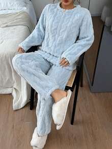 Dreamivo 2pcs/Set Women's Solid Color Plush Thickened Fleece Long Sleeve Long Pants Pajama Set, Simple And Fashionable Sleepwear - Blue - View 6