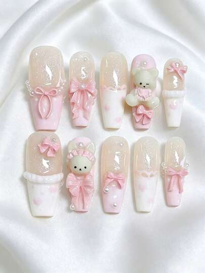 10Pcs Cute 3D Teddy Bear Pink French Press-On Nails, Long Coffin Acrylic Fake Nails, 3D Rabbit Decoration, Cute Pink Valentine's Day Manicure, Best Gift For Women Girls, Nail Supplies Handmade Press On Nails