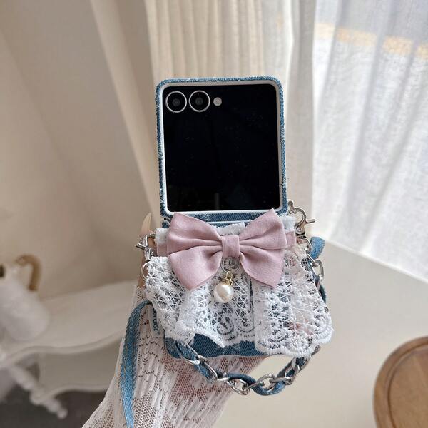 1pc Girls Side Button Denim Bow Lace Bracelet Foldable Phone Case Compatible With Samsung Galaxy Z Flip8, Galaxy Z Flip7, Galaxy Z Flip7FE, Galaxy Z Flip6, Galaxy Z Flip5