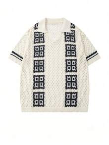 Men's Unisex POLO Collar Knit Sweater, Daily Commute Casual Versatile Colorblock High-End Four-Grid Minimalist Loose Short Sleeve V-Neck POLO Collar Knit Top, Spring/Summer - Apricot - View 3