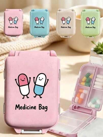 8-Compartment Portable Multi-Layer Pill Box, Printed With "Medicine Bag" Letters And Cute Pill Icons, Travel Moisture-Proof Pill Storage Box, Unisex Reusable Pill Box, Daily Pill Planner Pocket Box, Travel Medicine Box, Portable First Aid Kit, First Aid Medicine Storage Bag, Essential Accessory For Home, Travel, Dorm, Suitable For Vitamins, Medications And Supplements, Suitable For Outdoor, Office, Back To School