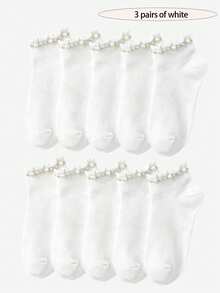 1/3/6/8/10 /12Pairs Women's Pearl-Embellished Ruffle Ankle Socks, Solid Color Casual No-Show Socks - Black and White - View 8