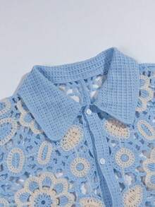 Men's Unisex Polo Collar Knitted Cardigan, Daily Vacation Casual Hand-Crocheted Hollow Out Loose Short Sleeve Top, Spring/Summer - Blue - View 7