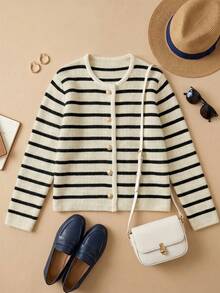 Áo khoác cardigan cổ tròn kẻ sọc thanh lịch, áo len thời trang thường ngày đa năng, áo khoác cổ điển cho nữ, mùa thu - Đen và trắng - Xem 3