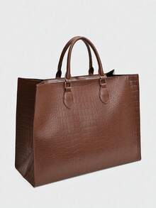 Embossed Large Capacity Tote Bag, PU Leather Top Handle Handbag, Structured Shoulder Bag For Business Commute Daily Office - Coffee Brown - View 7