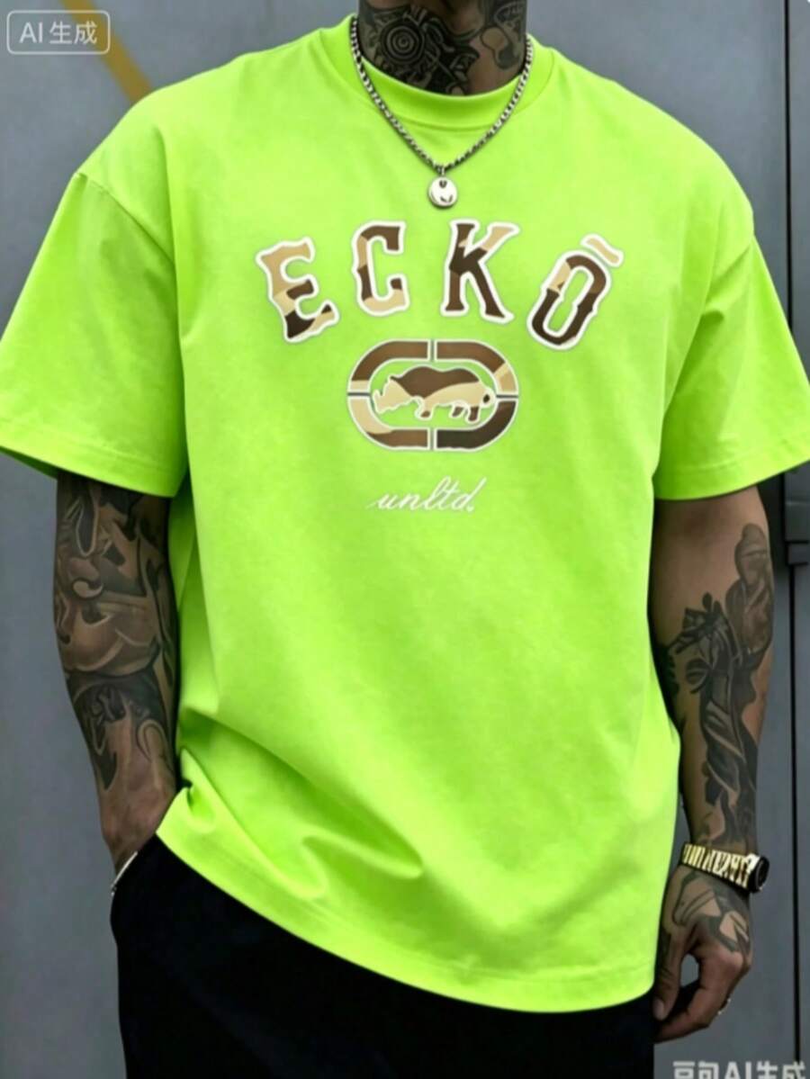 The Iconic ECKO Unltd Graphic Features A Bold Rhino Emblem With Urban Camouflage Lettering Symbolizing Strength Individuality Urban Culture 220g - 螢光綠 - 查看 1