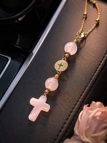 Pink Crystal Cross Car Rearview Mirror Hanging Ornament, Bohemian Handmade Sun Catcher With Gold Chain And Natural Stone Beads, Elegant Spiritual Protection Amulet, Suitable For Various Car Interior Decoration - Cross Pendant - View 4