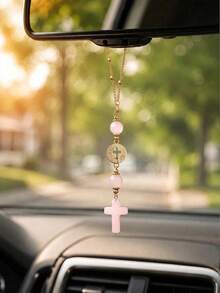 Pink Crystal Cross Car Rearview Mirror Hanging Ornament, Bohemian Handmade Sun Catcher With Gold Chain And Natural Stone Beads, Elegant Spiritual Protection Amulet, Suitable For Various Car Interior Decoration - Cross Pendant - View 14