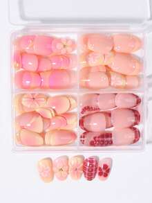 96片花卉美甲贴纸（4种混合图案），短款椭圆形3D凝胶美甲贴纸，可打造莲花美甲，法式亚克力按压式美甲贴纸，短款尺寸完美贴合假指甲，包含：1瓶果冻胶和1把指甲锉 - 彩色 - 查看 3