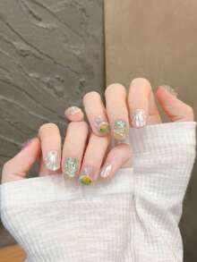 10Pcs Handmade Short Square Press On Nails Gradient Iridescent Jelly Base 3D Shell Pearl Starfish Hand Painted Goldfish Mermaid Ocean Theme Glossy Reusable False Nails Summer Beach Manicure Set For Women Girls - 彩色 - 查看 6