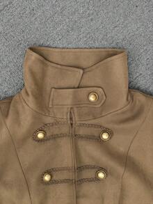 Napoleon Style Stand Collar Blazer, Slim Fit Jacket With Gold Decorative Buttons - Brown - View 9