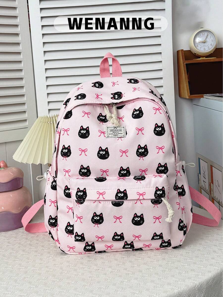 1pc Cute Cartoon Cat/Bow Pattern Nylon Backpack, Lightweight Large Capacity School Day Bag, Adjustable Shoulder Strap Bookbag, Suitable For Girls/Teenagers/Students/Graduates, Perfect For Daily Use, Outings, Travel, School And Back To School Season. - Pink - View 1