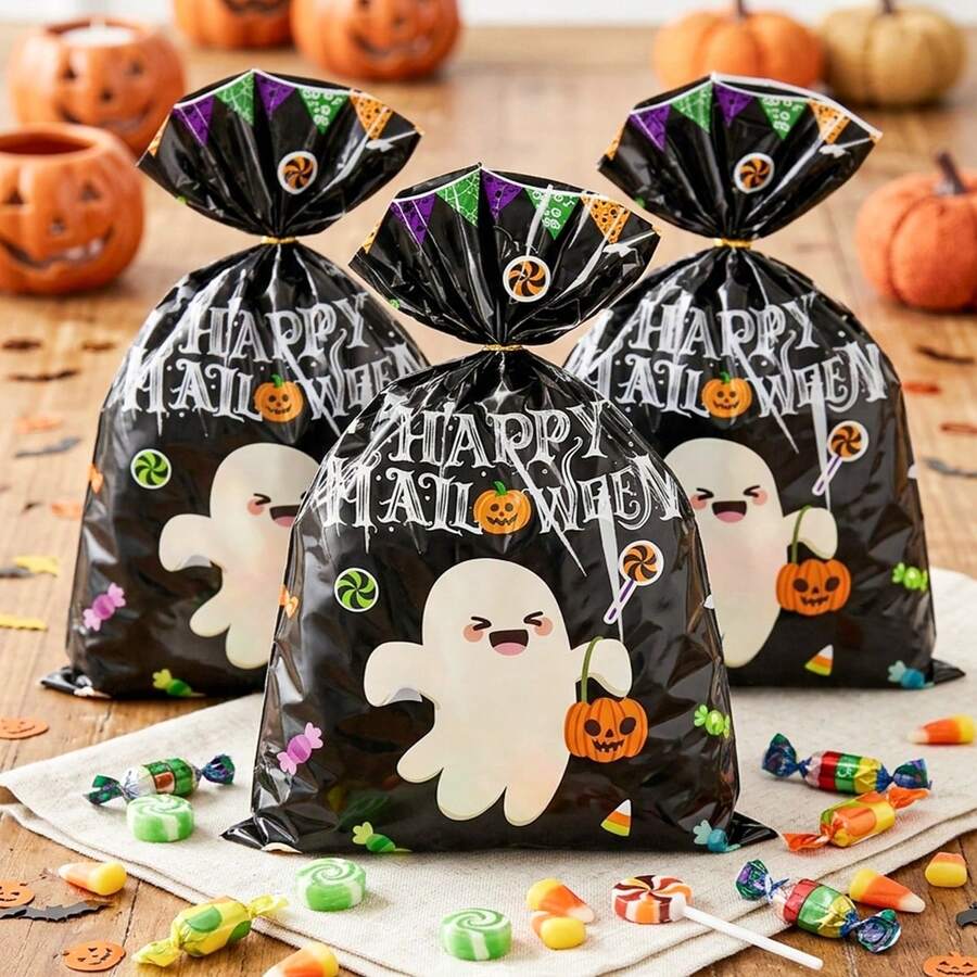 10/30pcs Halloween Plastic Gift Bags, Halloween Cute Ghost Gift Bags, Halloween Candy Bags, Halloween Cookie Baking Bags, Halloween Storage Bags, Children Trick Or Treat Decoration Bags, Children Happy Party Decoration, Halloween Table Centerpiece Decoration, Halloween Room Decoration, Halloween Home Decoration, Day Of The Dead Gifts, Day Of The Dead Decoration, Party Favors